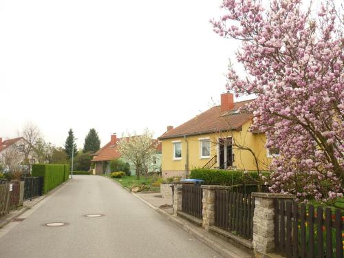 una calle con una casa y un árbol con flores rosas en Ferienwohnung Katzmann, en Kromsdorf