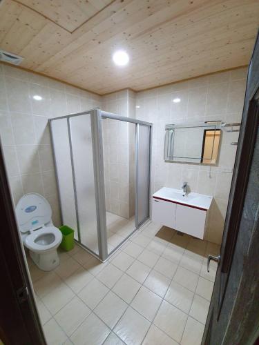 a bathroom with a shower and a toilet and a sink at Clare Holiday B&B in Checheng