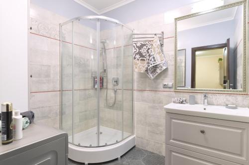 ein Bad mit einer Dusche und einem Waschbecken in der Unterkunft 1BR apartment in the old city center (Kyïv) in Kiew