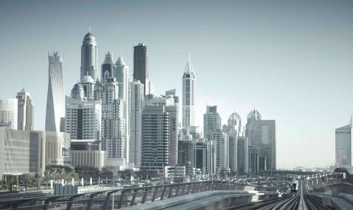 a black and white photo of a city skyline at Radisson Blu Residence, Dubai Marina in Dubai