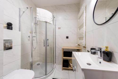 a bathroom with a shower and a toilet and a sink at Apartament Izerska Przygoda - 5D Apartamenty in Świeradów-Zdrój