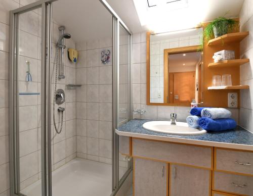 a bathroom with a sink and a shower at Rüf Wohlfühl-Apartments in Au im Bregenzerwald