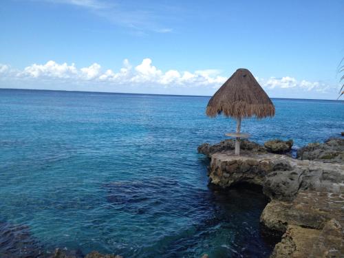 um guarda-chuva de palha sobre uma rocha no oceano em Condumel em Cozumel
