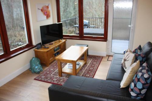 a living room with a couch and a tv at Loch Ness Balcony Apartment in Drumnadrochit