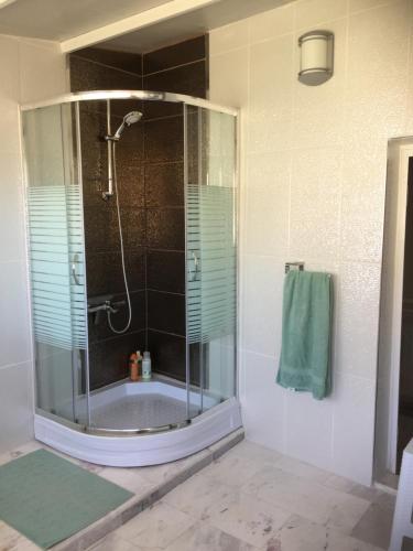 a bathroom with a shower and a tub with a glass door at Villa Anja in Kusadası