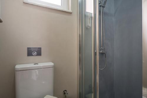 a bathroom with a toilet and a shower with a window at Pantanassa Villas in Agia Marina Nea Kydonias