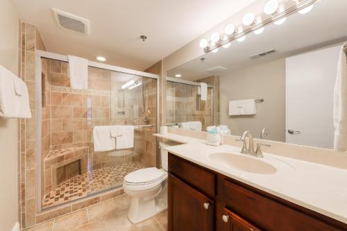 加特林堡的住宿－Riverside Escape & Roaring Romance，浴室配有卫生间、淋浴和盥洗盆。