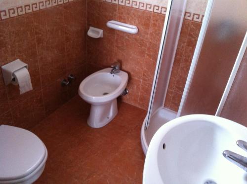a bathroom with a toilet and a shower and a sink at Hotel Castiglione in Ischia