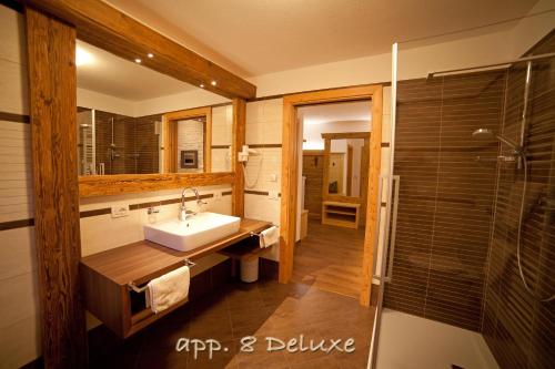 La salle de bains est pourvue d'un lavabo et d'une douche en verre. dans l'établissement Alp Residence Pelegrin, à San Vigilio Di Marebbe