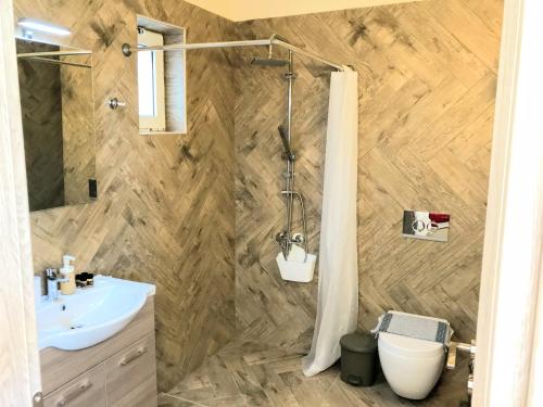 a bathroom with a sink and a toilet and a shower at SEMIRAMIS SUITES with pool in Kalamata
