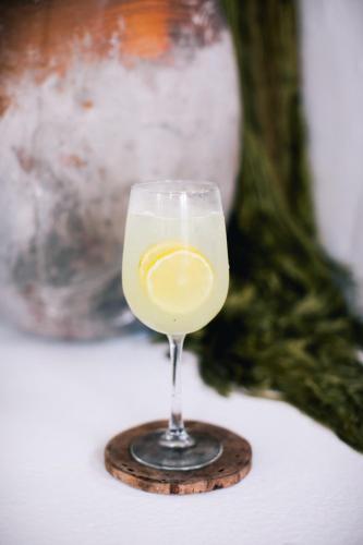 a glass of white wine sitting on a coaster at NEST Tulum in Tulum