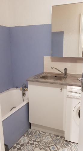 une salle de bain avec un lavabo et une machine à laver dans l'établissement Appartement plan d'eau vue panoramique, à Embrun