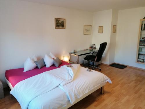Schlafzimmer mit einem Bett, einem Schreibtisch und einem Stuhl in der Unterkunft Konditor B & B in Frenkendorf