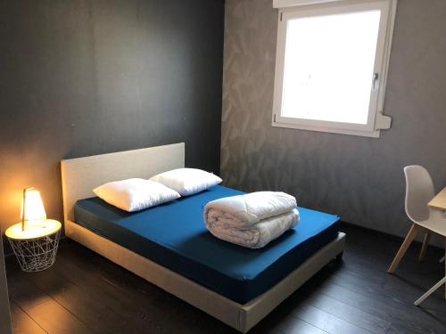 a bed with two pillows and a window in a room at F2 au calme, proche gare, Center Parc, Sainte Croix in Sarrebourg