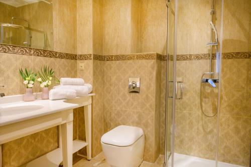 a bathroom with a shower and a toilet and a sink at Emerald Suites in Florina