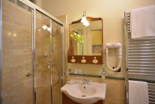 a bathroom with a shower and a sink and a mirror at B&B La Casa dei Tintori in Florence