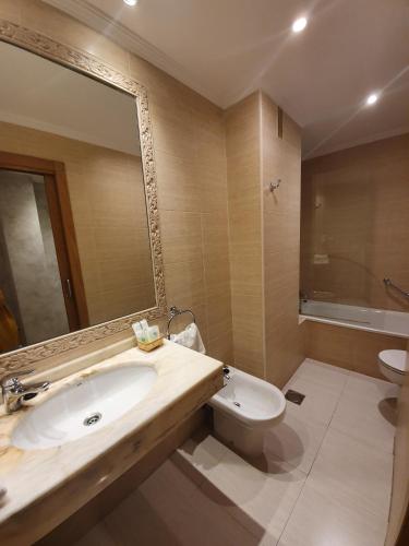 a bathroom with a sink and a toilet and a mirror at Abadía Burgos Camino Santiago in Burgos