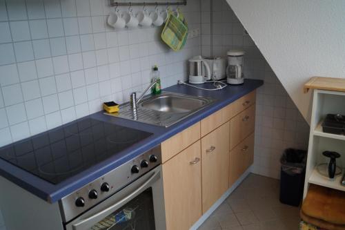 een kleine keuken met een wastafel en een fornuis bij Villa Ida in Lübeck