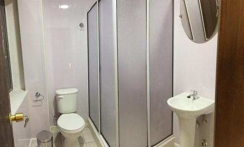 a small bathroom with a toilet and a sink at Haiken Hostal in Punta Arenas
