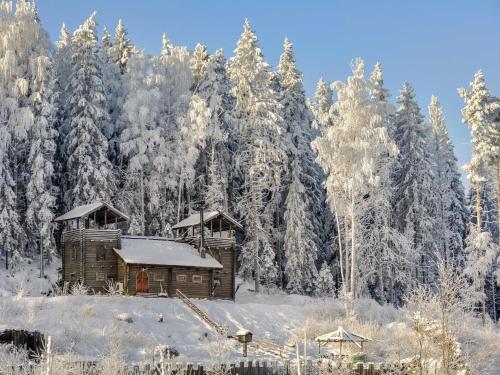 a cabin in the snow with trees in the background at Holiday Home Härkälinna by Interhome in Hauho