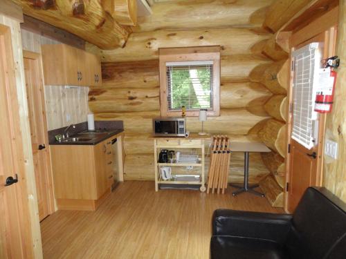 Porteau Cove Olympic Legacy Cabins في Furry Creek: مطبخ في كابينة خشب مع طاولة وميكروويف