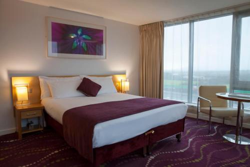 pokój hotelowy z łóżkiem i dużym oknem w obiekcie Louis Fitzgerald Hotel w mieście Clondalkin