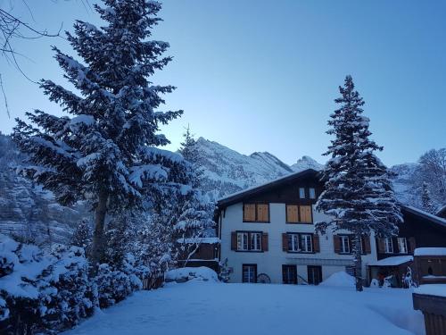 a building covered in snow in front of trees at Pension Gimmelwald in Gimmelwald