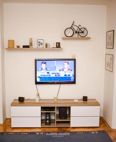 a living room with a flat screen tv on a wall at Dusko dugousko in Niš