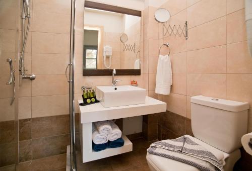 a bathroom with a sink and a toilet and a shower at MasouriBlu Boutique Hotel in Masouri