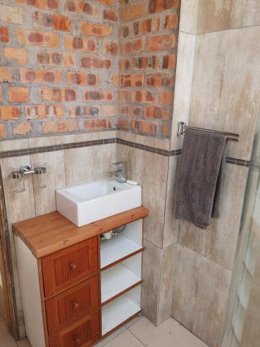 a bathroom with a sink and a brick wall at Bona Lodge in Cape Town
