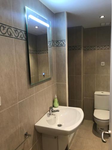 W łazience znajduje się umywalka, toaleta i lustro. w obiekcie Casa Duquesa w mieście Logroño