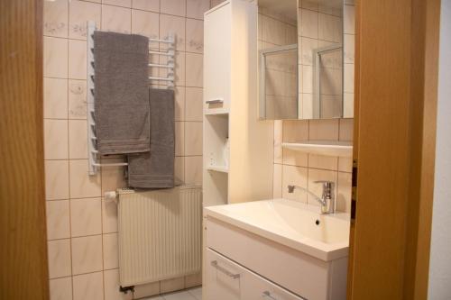 Baño blanco con lavabo y radiador en Bergkristall direkt am Bikepark und Skigebiet, 2 Schlafzimmer, Terrasse, abschließbarer Keller en Winterberg