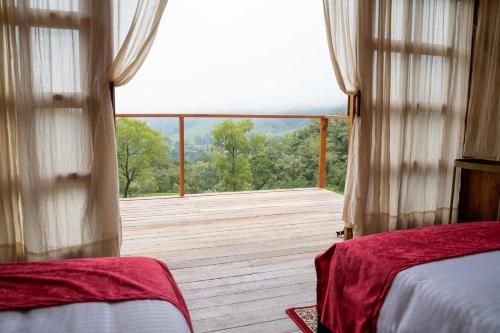 a bedroom with a view of a wooden deck at Birdglamping Los Arboles Glamping Hotel in Salento