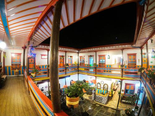 an overhead view of a large building with a swimming pool at Hotel Jardin Antioquia in Jardin