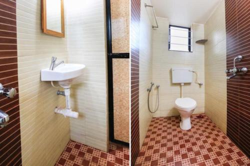 two pictures of a bathroom with a sink and a toilet at Gods gift guesthouse in Arambol