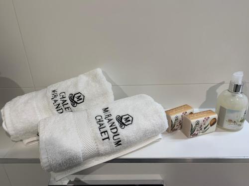 a pair of towels sitting on a bathroom counter at Chalet Mirandum Apartments Vandans in Vandans