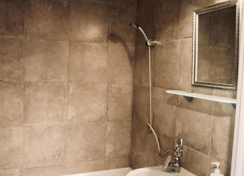 a bathroom with a shower and a sink at Viola Apartman Pécs in Pécs