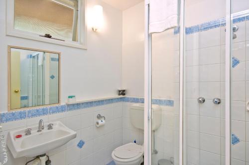 a bathroom with a toilet and a sink and a shower at The Sandridge Motel in Lorne