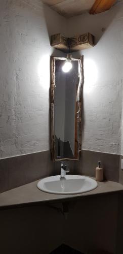 uma casa de banho com um lavatório e um espelho em L'Occitane em Montséret