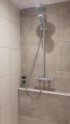 een douche in een badkamer met een slang bij RAND'UBAYE in Barcelonnette