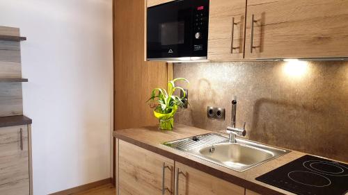 a kitchen with a sink and a counter top at Haus Kirschner in Jerzens