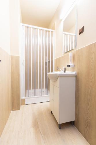 a bathroom with a sink and a mirror at Casa de Piatra Bistro in Cluj-Napoca