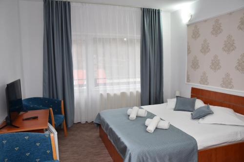 a hotel room with two beds and a window at Pensiunea Steluta in Predeal
