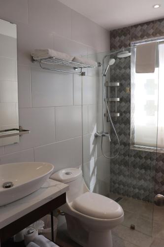 a bathroom with a toilet and a sink and a shower at Hotel Conde de Penalba in Santo Domingo