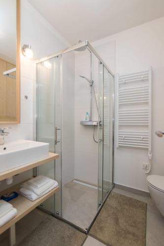a bathroom with a glass shower and a sink at Apartment 4 Olives in Stari Grad