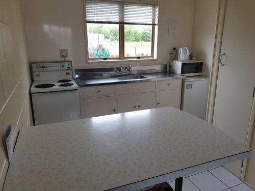 cocina con encimera y fregadero en castletown motel, en Foxton