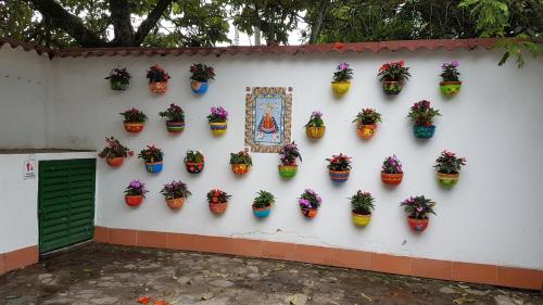 a white wall with potted plants on it at Villa Apolonia in Guaduas