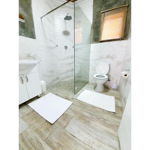 a bathroom with a toilet and a glass shower at Waterfall Bed & Breakfast in Midrand
