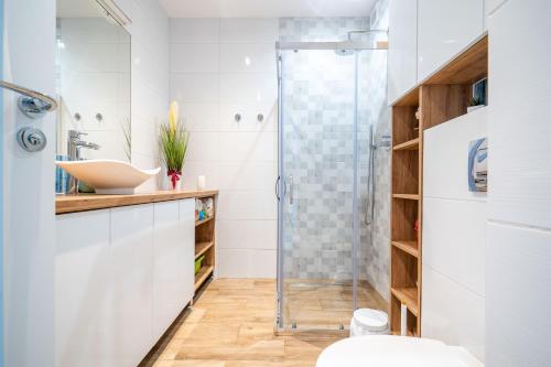 een badkamer met een glazen douche en een wastafel bij Apartamenty Mazurskie Klimaty (Cud Natury) in Tomaszkowo