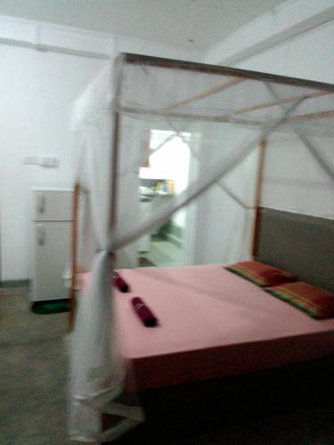 a bedroom with a pink bed with a canopy at Villa Maleena in Hikkaduwa